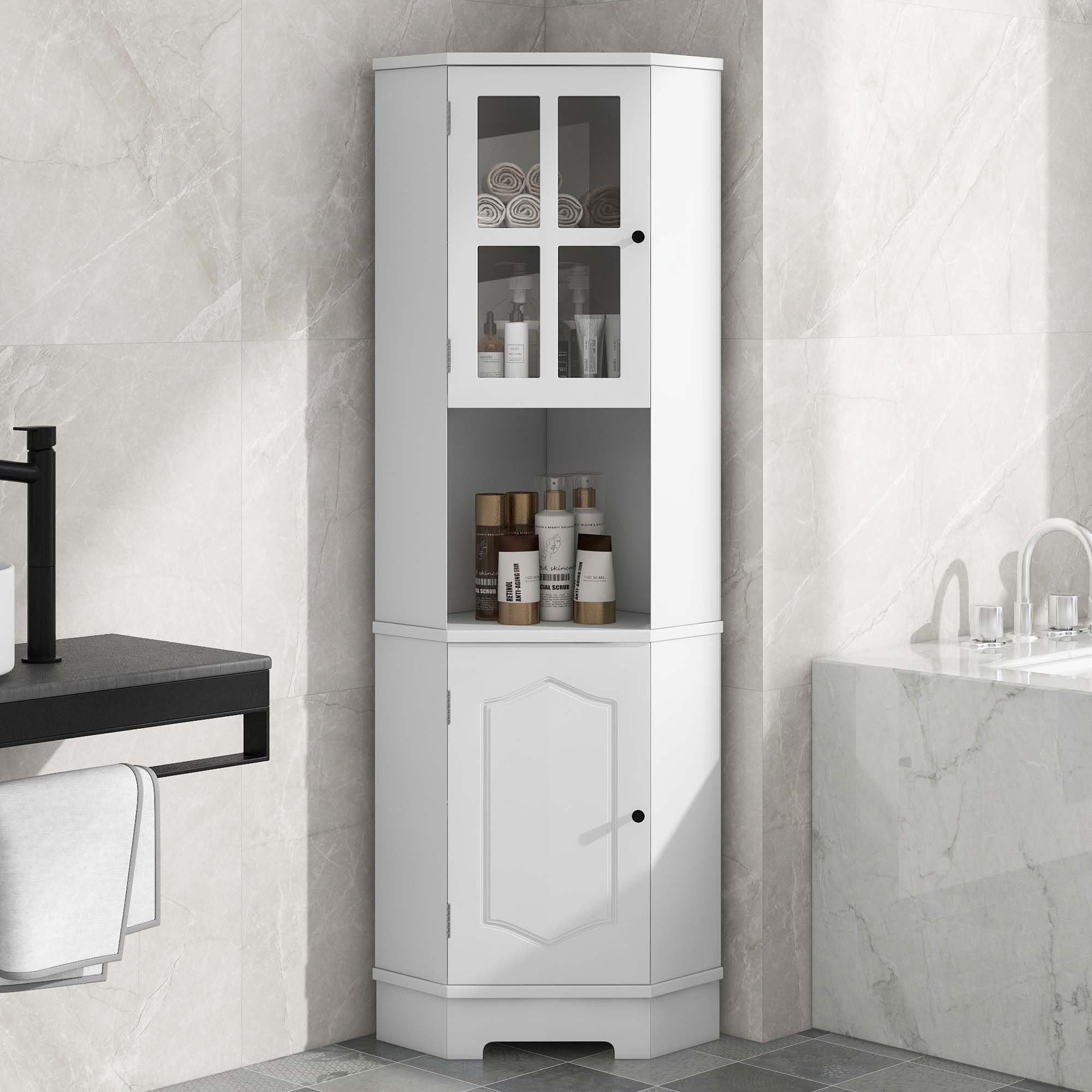 Winston Porter Altura Tall Bathroom Storage Cabinet, Corner Cabinet with Glass Door | Wayfair