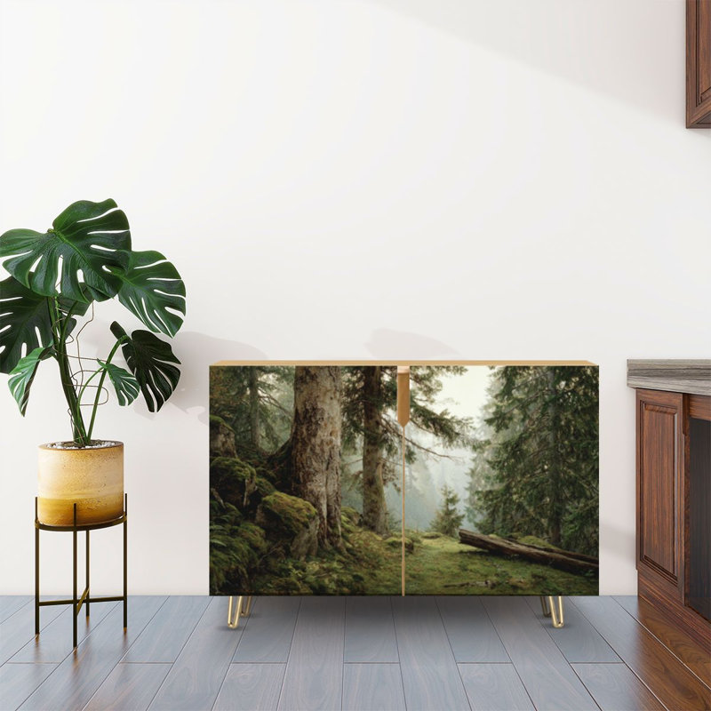 Buffet Buffet avec rangement Épinette naturelle avec lumière chaude et soleil levant avec 2 portes pour le salon et la cuisine