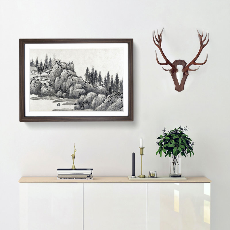 Landscape Vol.12 by Shen Zhou - Picture Frame Drawing Print, 36cm H x 48cm W x 2cm D, Walnut Framed