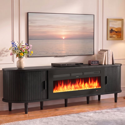 90" Black Fluted Fireplace TV Stand With Remote & Touch Control, Adjustable Flame Colors & Temperature, Entertainment Center With Storage For 100" Tvs, Modern Media Console For Living Room