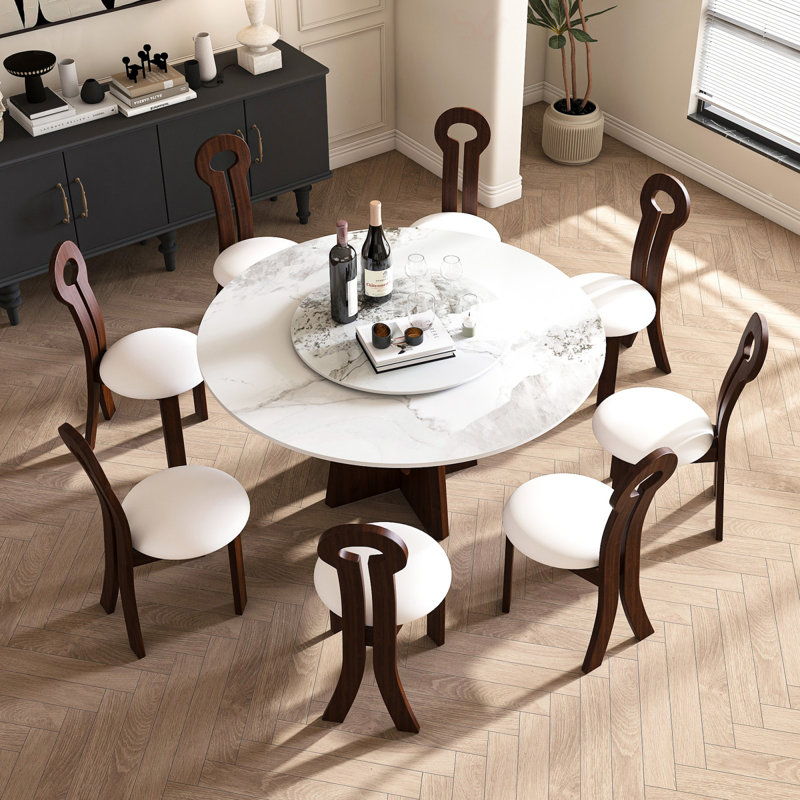 Table de salle à manger moderne moderne en pierre frittée de 59 pouces avec base en noyer, ensemble de table de salle à manger robuste pour 6 à 8 personnes