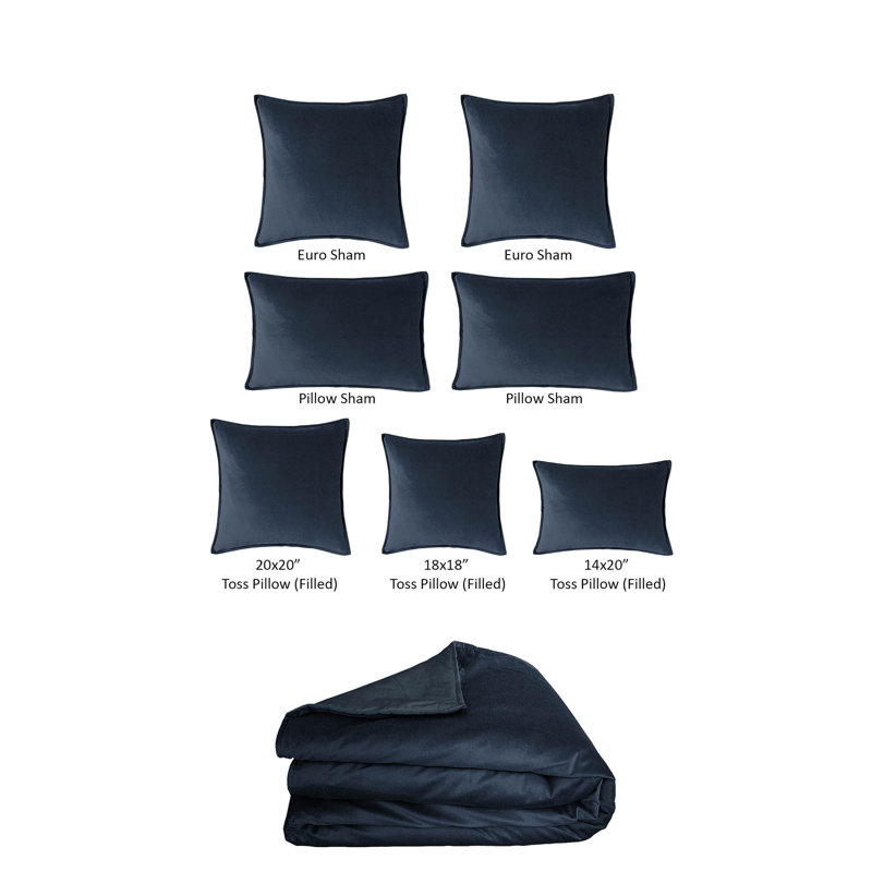 Cascade Velvet Solid Colour Coverlet Set / Bedspread Set - 8 Piece, Super King Coverlet + 7 Additional Pieces, Navy