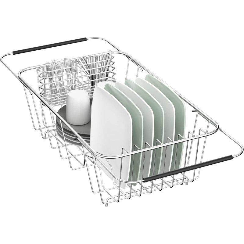 Égouttoir à vaisselle extensible en acier inoxydable 304 avec support à couverts amovible multi-positions pour égouttoir à vaisselle encastré pour cuisine