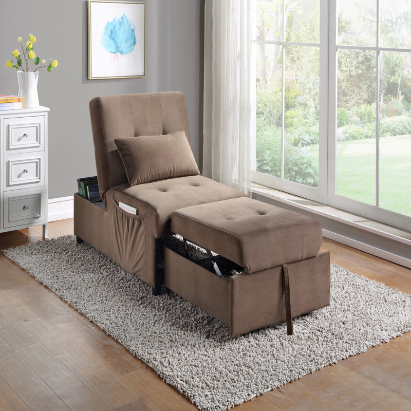 Modern Lift Top Storage Bench with Pull-out Bed 1pc Brown Velvet Tufted  Furniture, Brown