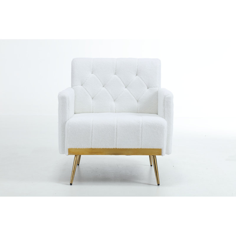 Fauteuil décoratif moderne avec pieds en métal pour le salon, H 31,55 po x l 25,65 po x P 26,43 po, Laine blanche