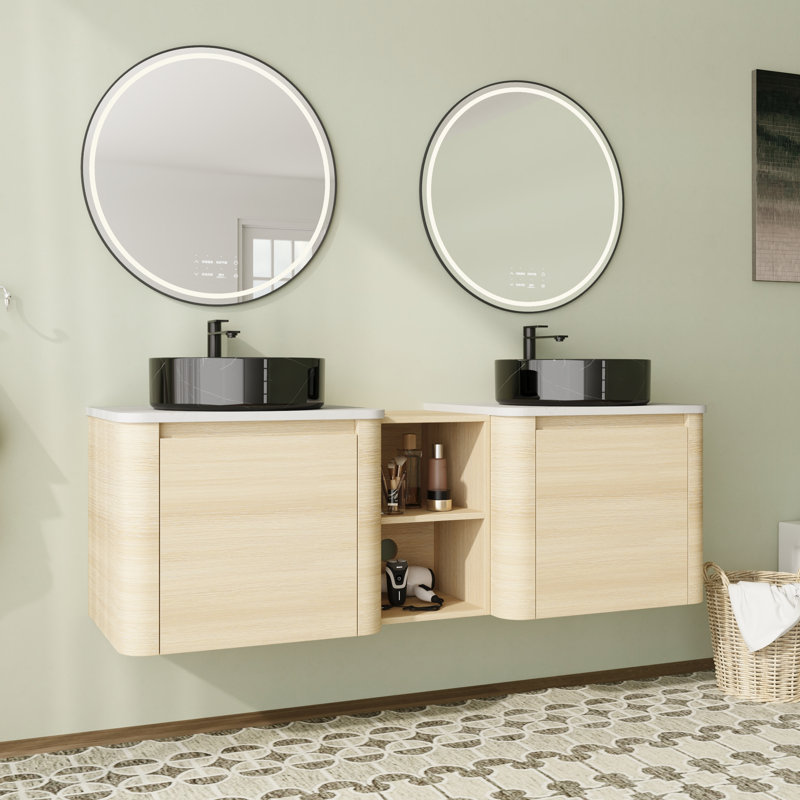 Meuble-lavabo double 60 po avec dessus en pierre reconstituée et portes à fermeture en douceur 60 po