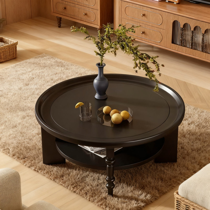 Retro Black Solid Wood Round Coffee Table, Black