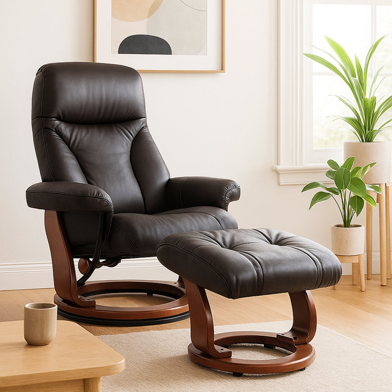 Mélaniee 32" Wide Swivel Recliner with Ottoman, Chocolate Brown Leather Match