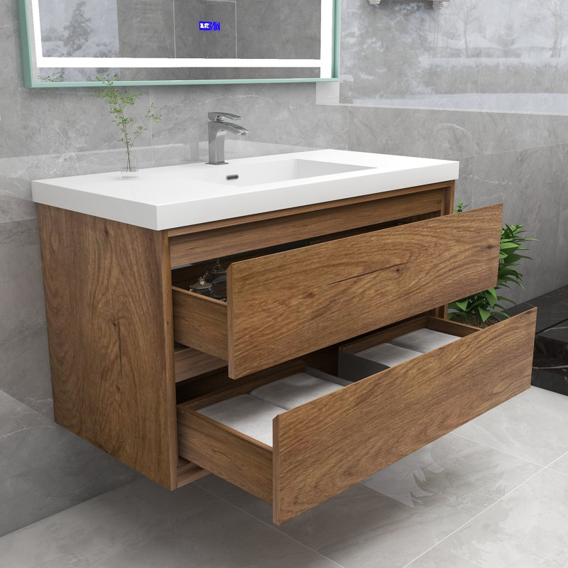 Azden 42" Wall-Mounted Single Bathroom Vanity Set, Teak Oak