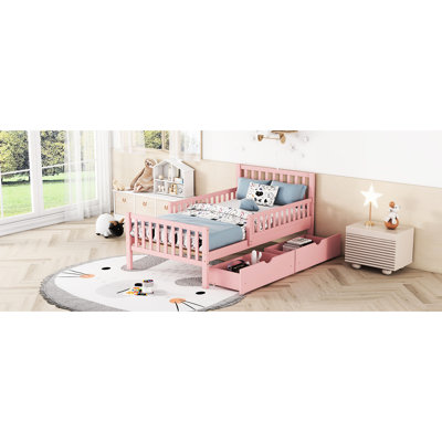 Lit plateforme rose avec garde-corps et rangement