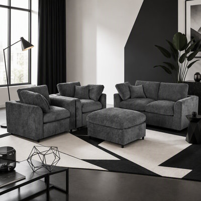 Ensemble de canapé 4 pièces, 2 fauteuils d'appoint + causeuse + repose-pieds mobile, ensemble de canapé revêtu de chenille avec structure en bois massif, comprend 3 coussins décoratifs, ensemble de mobilier de salon moderne