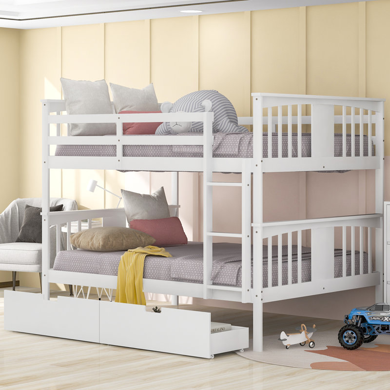 Lit superposé double au-dessus de double avec tiroirs et échelle, structure en bois massif, mobilier de chambre peu encombrant
