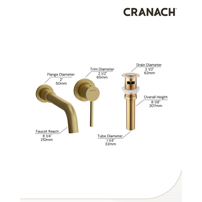 Angelsey Bathroom Sink Faucet with Pop-Up Drain, Single-Handle Modern Wall-Mount Faucet 1.0 GPM in Brushed Gold, Brushed Gold
