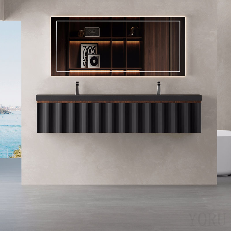 Meuble-lavabo mural 72 po avec lavabo à fixation murale et lavabo à double cuve à quartz flottant 72 po