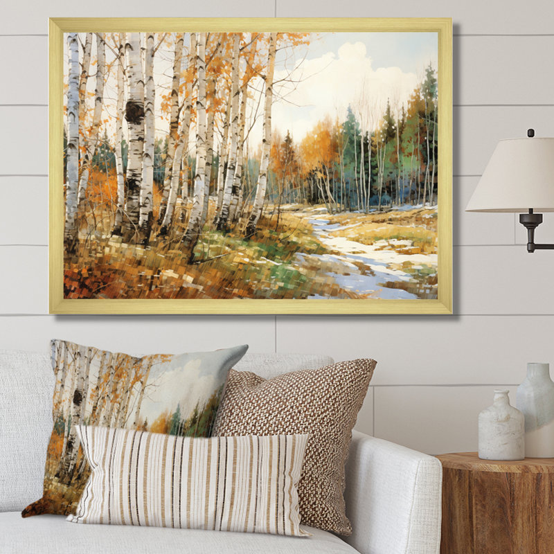 Bouleau saisonnier en bois de bouleau I sur toile, H 34 po x l 44 po x P 1,5 po, Encadrement doré