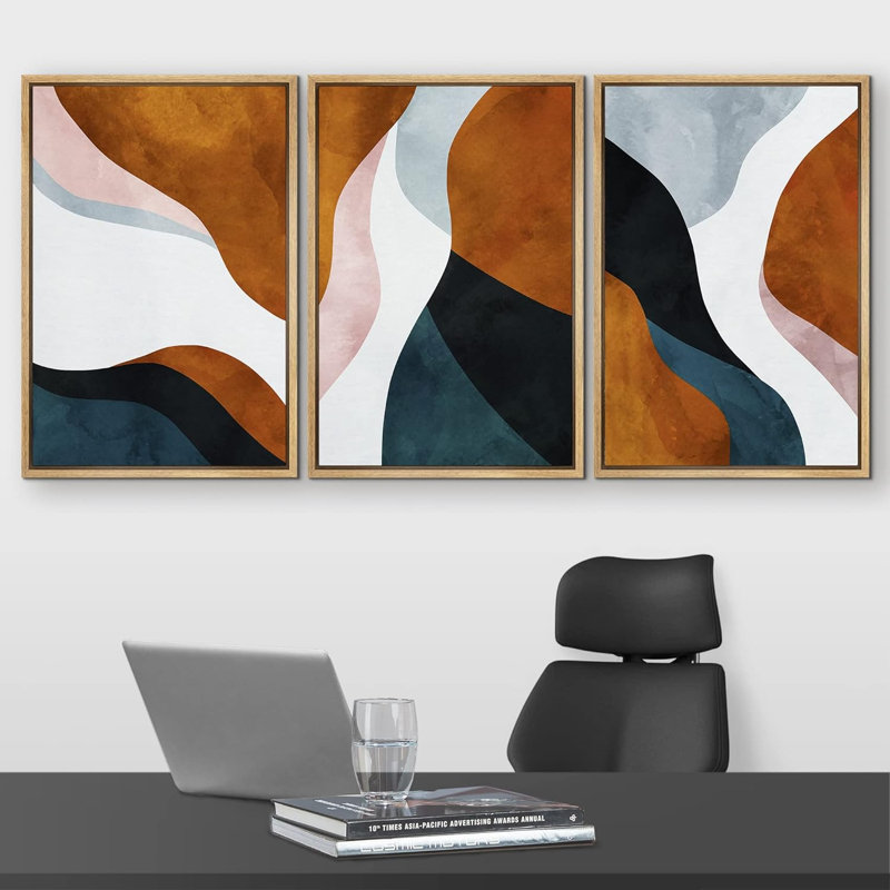 «Mid Century Shape», impression géométrique sur toile abstraite encadrée brune et bleue 3 pièces, H 36 po x l 72 po, Naturel