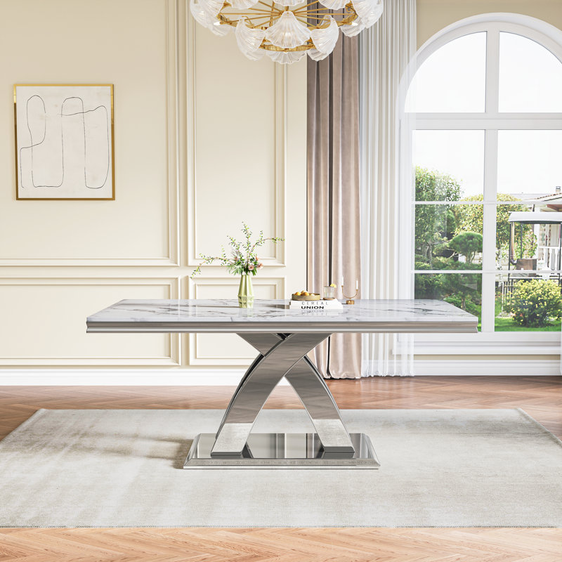 70.08" Metal Base Dining Table, SIlver