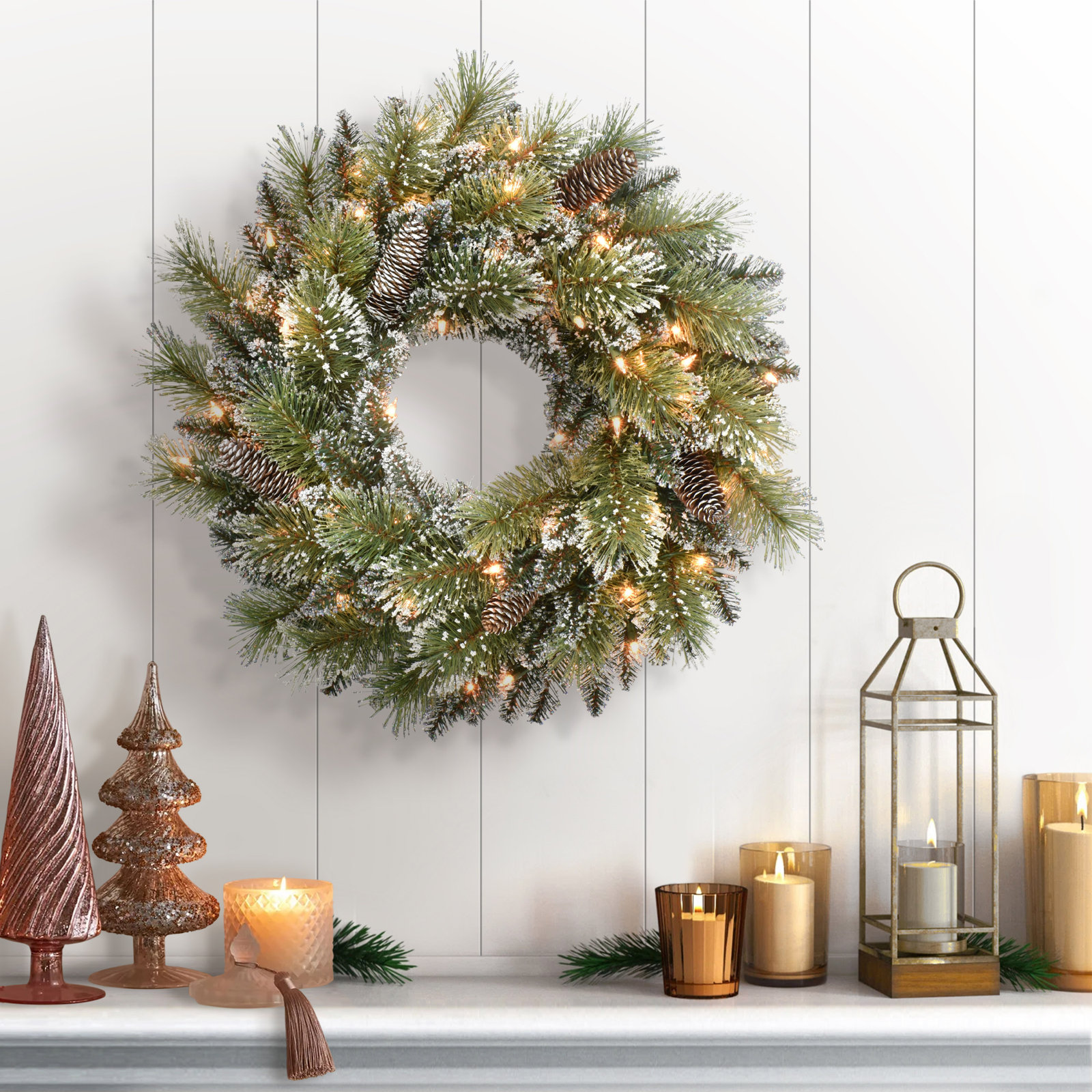 24'' Faux Pine Lighted Rattan Wreath