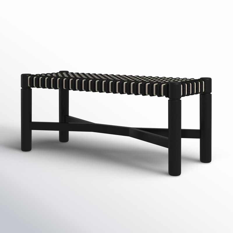 Black and Beige Handwoven Cord Seat Oak Bench