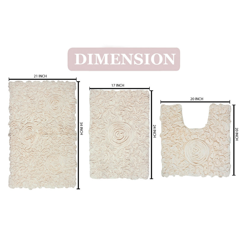 Freida Plush Floral Bath Rug Set (Set of 3), Ivory
