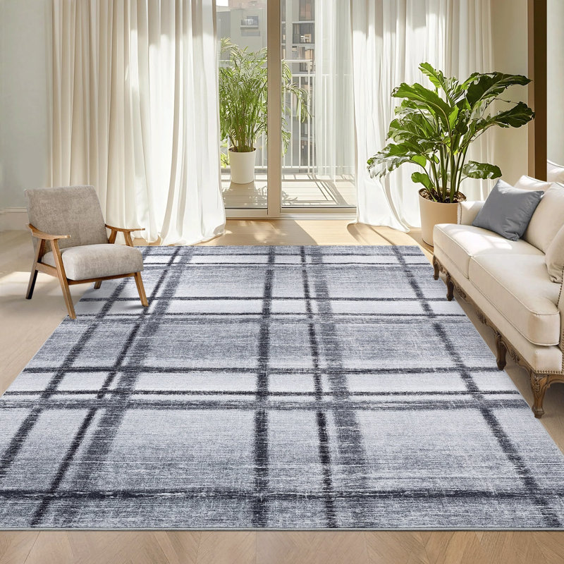 Area Rugs Modern Checkered RugsStain-Resistant Dining Room RugWashable CarpetRug for Farmhouse Living Room, Gray