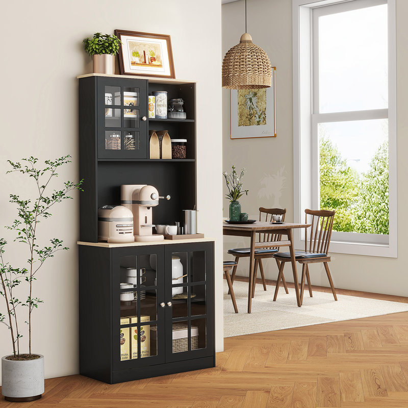 Armoire de cuisine autoportante avec huche, tablettes réglables, portes en verre et grand comptoir pour le rangement de la salle à manger