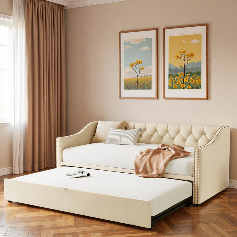 Upholstered Daybed With Pop Up Trundle, Beige