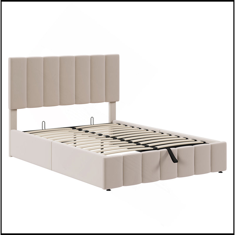 Lit plateforme tapissier avec système de rangement hydraulique, Beige, Lit double