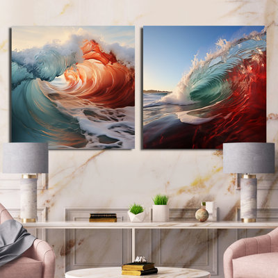 Green Red Wave Colorful Wonder - Coastal Square Collage Set Of 2