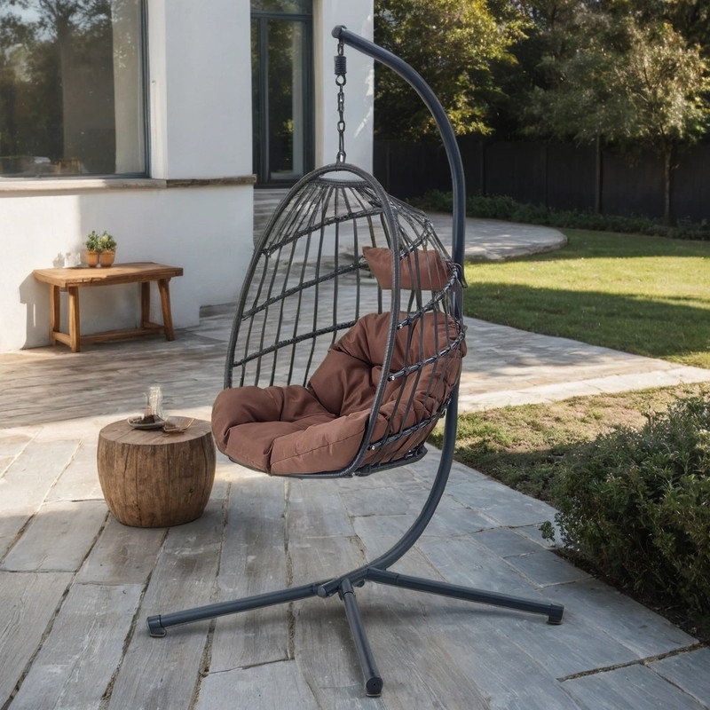 Fauteuil à œufs suspendu intérieur / extérieur avec coussins, balançoire en rotin PE toutes saisons avec support, Brun, Noir