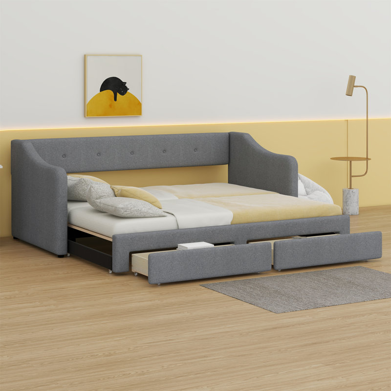 Upholstered Daybed With Two Drawers, Gray