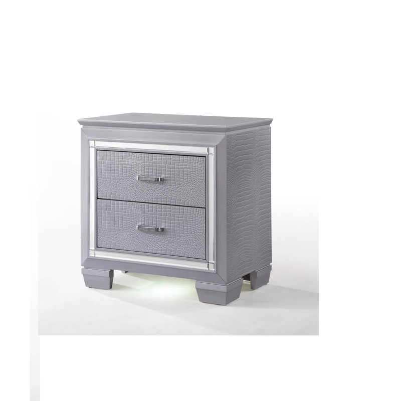 Table de chevet argentée avec finition crocodile, bois massif, deux tiroirs, nuit intégrée, table de chevet décorative pour chambre à coucher avec finition de rangement, accessoire