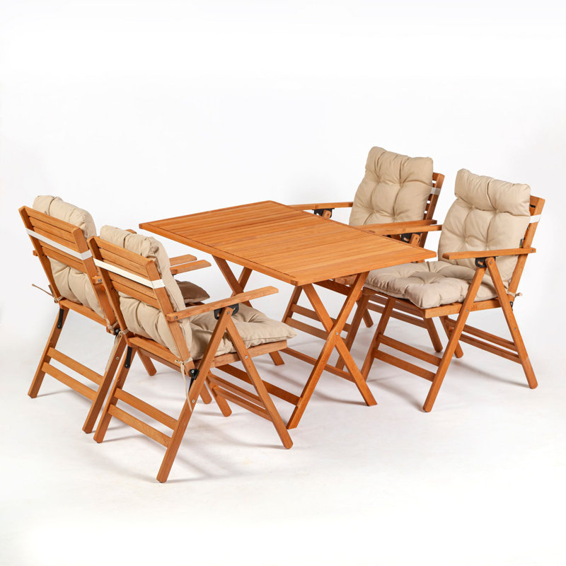 5-Piece Garden Table & Chairs Set, Natural & Cream, Solid Beech Wood | Table: 47.2 x 29.1 x 29.1 in, Chairs: 17.7 x 35.0 x 18.5 in | No Varnish, Water-Based Preservative | Perfect for Outdoor Dining & Relaxation