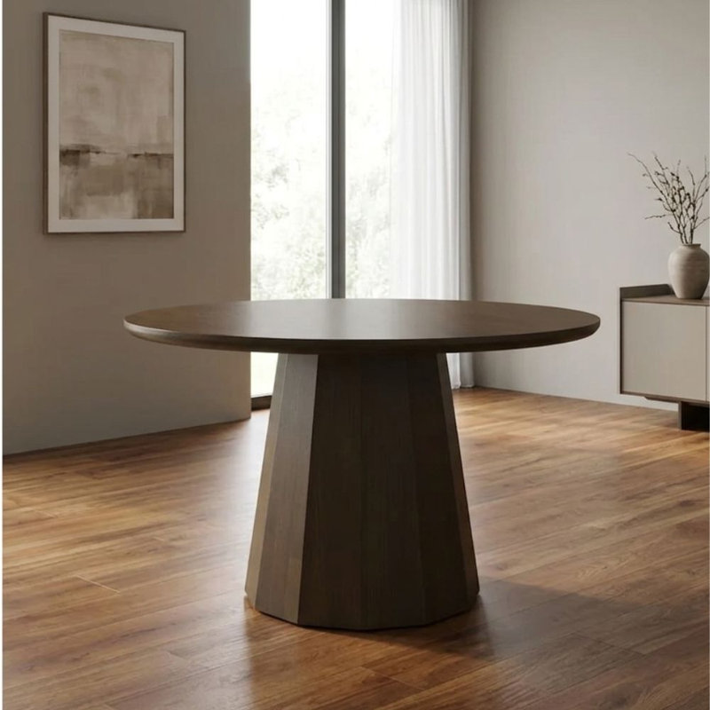 Round Dining Table 47.2" with Oak Veneer Top, 12-Faceted Pedestal Base, 4-Person Kitchen Table for Small Spaces
