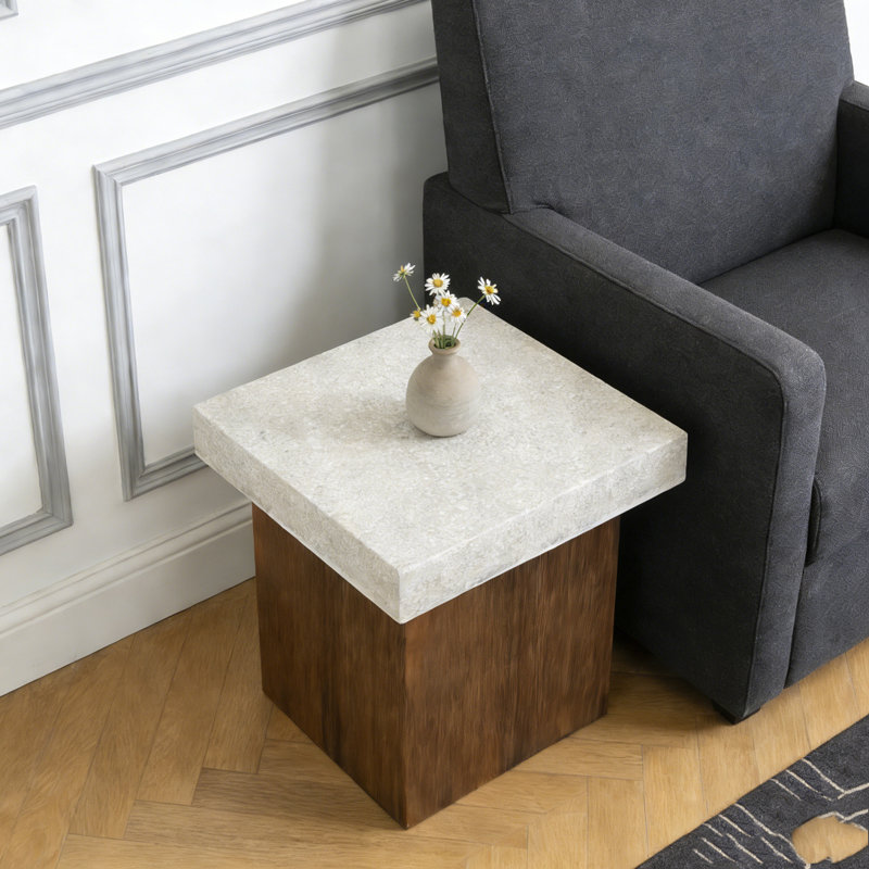 Side Table, Antique White,Natural-Square