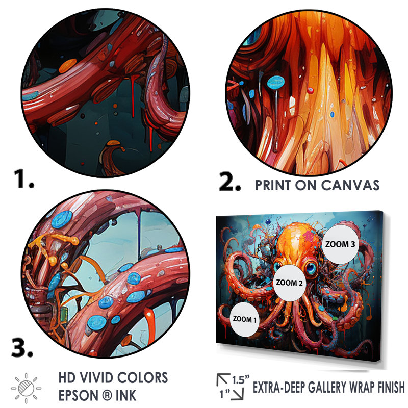 " Octopus Expressionist Abyss " Print, White Floater Framed, 24" H x 32" W