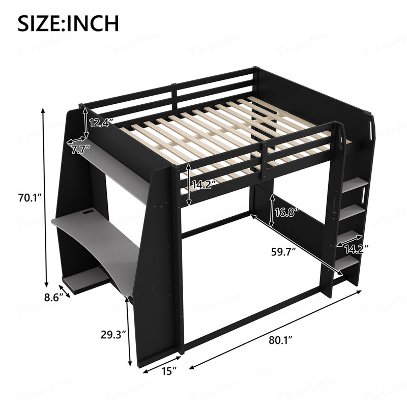 Grand lit superposé en bois avec bureau, deux tablettes de rangement, USB et lumière DEL, Gris noir