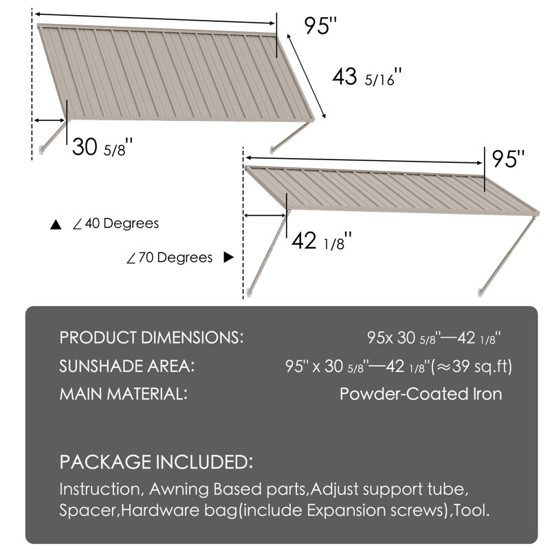 Kozyard Adjustable Door Window Awning – 4-Level Tilt, 95" W × 43 1/2" Sloped Panel, Adjustable Projection 31"–42", Aluminum Frame & Metal Canopy, All-Weather Rain, Snow & UV Protection (Khaki)