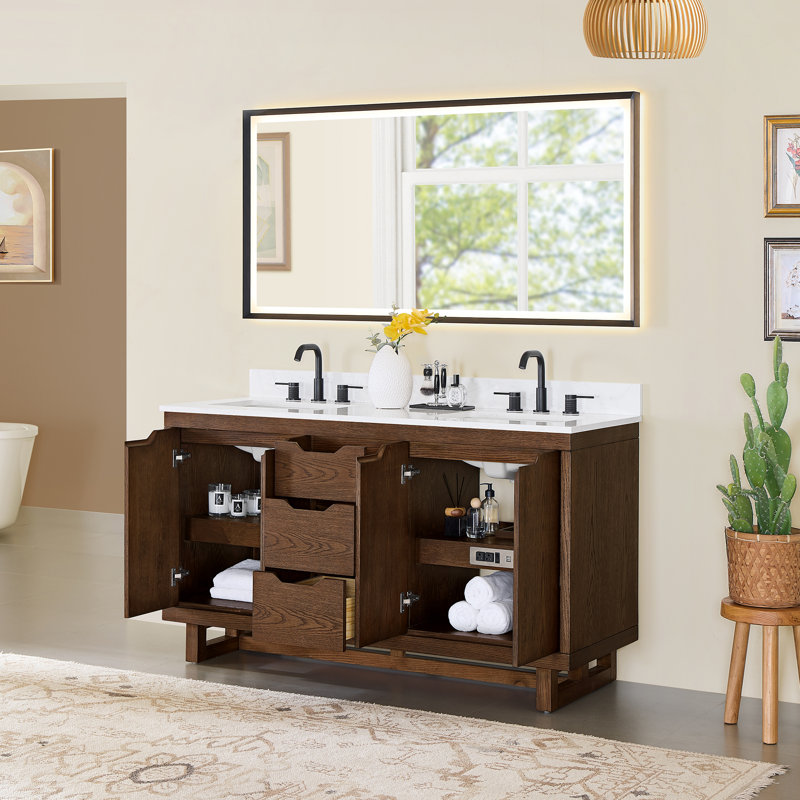 Meuble-lavabo double 60 po en chêne brossé brun avec grain de pierre blanc Mowry