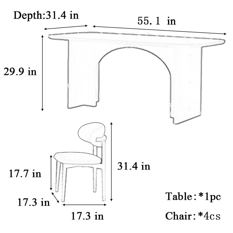 Combinaison table et chaises de style crème, H 29,9 po x L 55,1 po x l 31,4 po, Noir