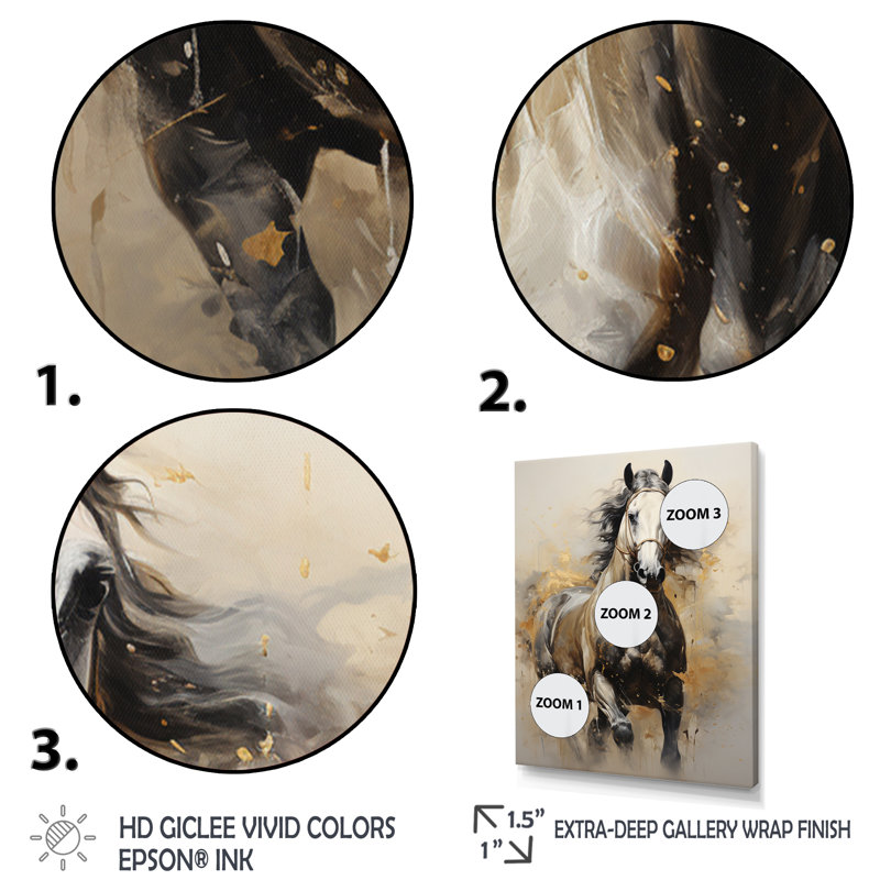 «Keavie Beige Horse Golden Équitation pointillisme», reproduction d'art sur toile, H 40 po x l 30 po x P 1,5 po