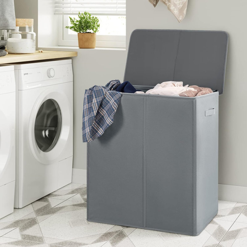 Panier à linge double 154L avec couvercle et sacs à linge amovibles, grand panier à linge pliable, 2 paniers à linge pliables, rangement pour chambre, salle de bain, université, gris