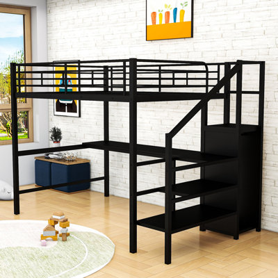 Lit mezzanine en métal avec éclairage DEL, bureau intégré, escalier et garde-robe