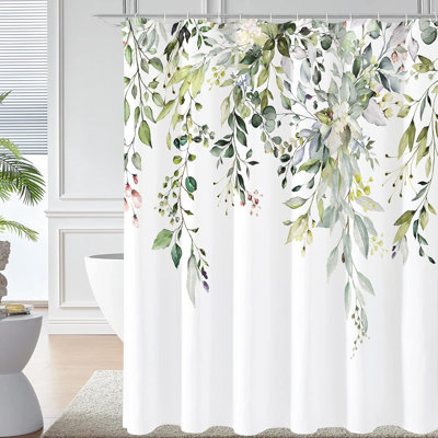 Long rideau de douche à motif aquarelle floral vert sauge - Rideau de salle de bain en tissu de polyester imperméable avec œillets antirouille, impression numérique HD pour des couleurs éclatantes