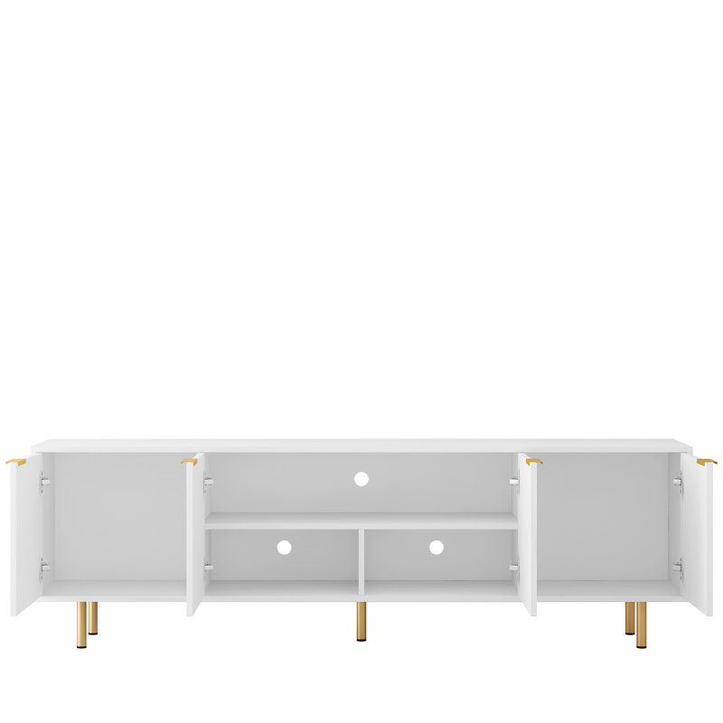 Meuble télé moderne blanc avec prise de courant, cannelée de 68 po pour téléviseur de 55 po et plus, compartiments de rangement pour centre de divertissement, console de 70 à 79 bacs de salon,