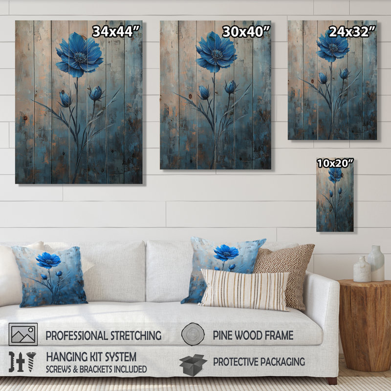 Solitaire pétales bleus de bleuet II - décoration murale en bois de bleuet - sur bois de pin naturel