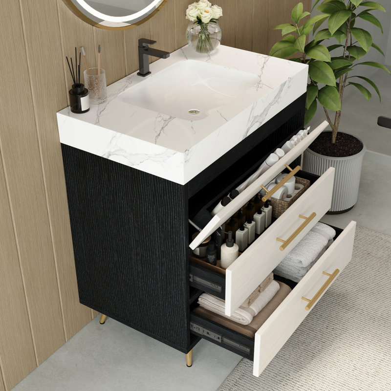 Meuble-lavabo simple 30 po avec lavabo en céramique et plateau en pierre frittée, Blanc/Noir, Blanc