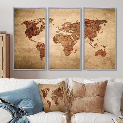 Ancienne carte du monde VII - reproduction de cadre flottant 3 pièces sur toile