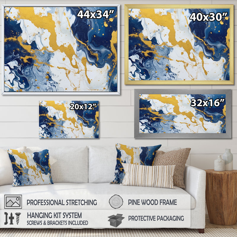 Bleu et or, art abstrait fluide de luxe, art mural fractal pour salon, H 30 po x l 40 po x P 1,5 po, Cadre simple noir