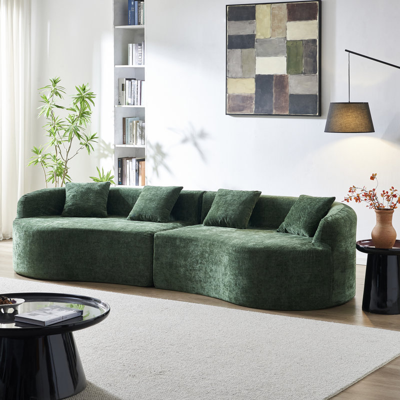 Canapé incurvé en chenille avec mousse haute densité et sans assemblage, pour des espaces de vie compacts, Green